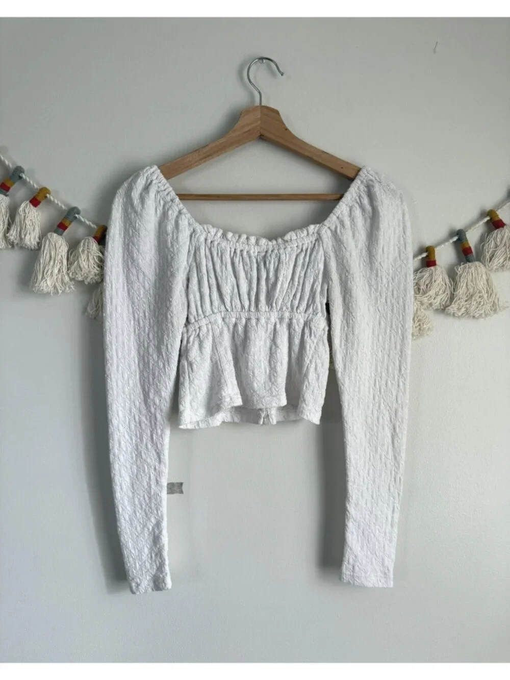 Free People Textured Ruched Button Front Long Sleeve Crop Top White Festival XS